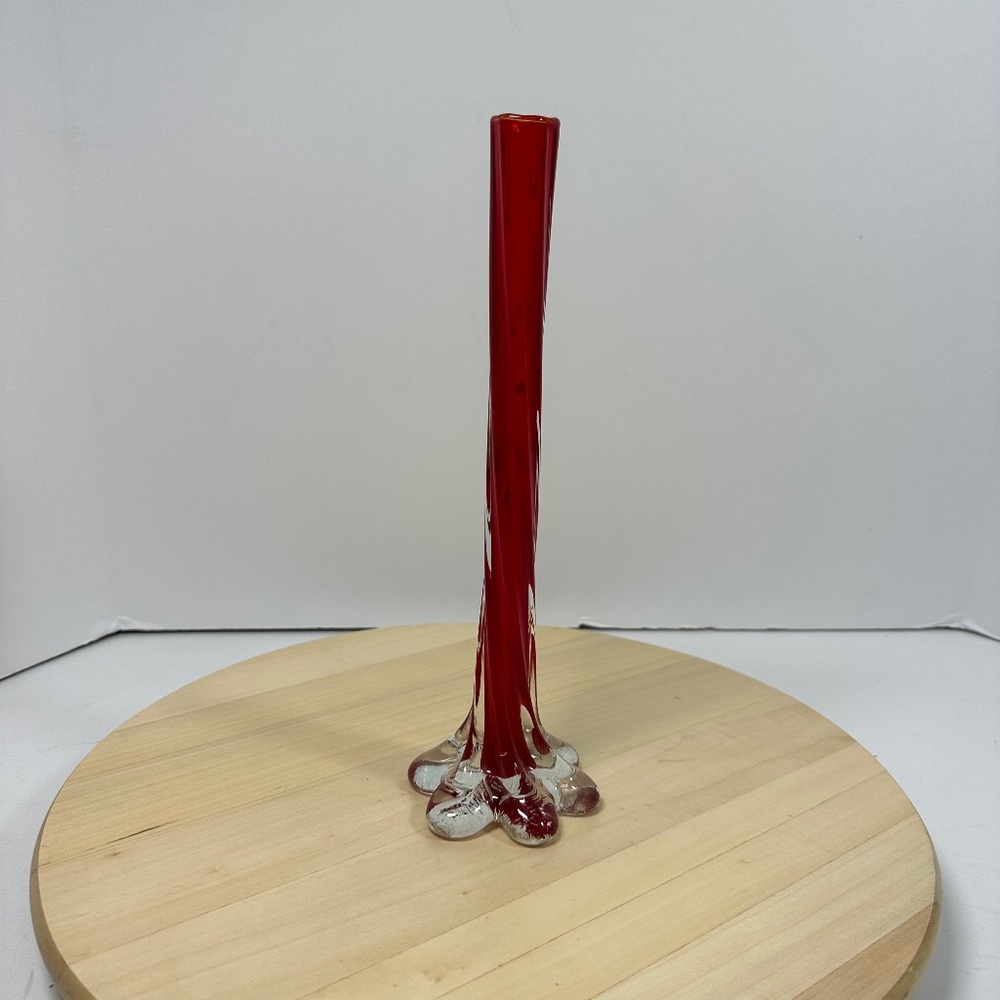 Vintage MCM Red Clear Cased Art Glass Stretched Elephant Foot Vase 11”